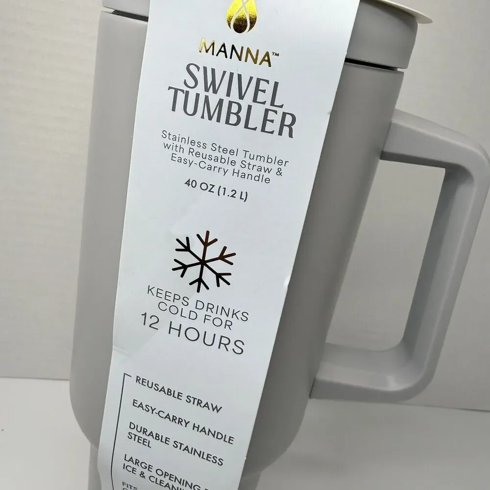 MANNA Easy Carry Handle Stainless Steel Tumbler Gray 40 Oz Reusable Straw New